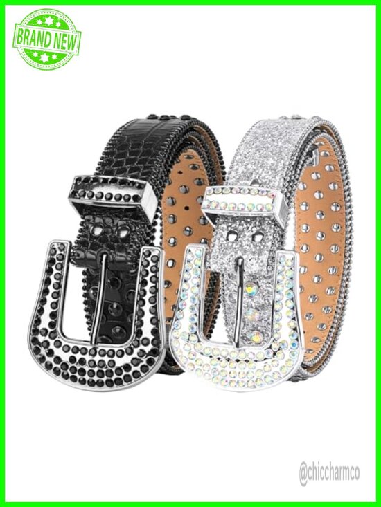 Rhinestone Bling Studded Waist Belt with Buckle, Unisex Cowgirl Cowboy Belt main image 6